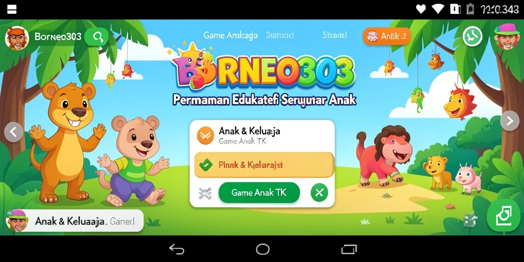 Tampilan antarmuka menarik aplikasi BORNEO303 untuk anak-anak.