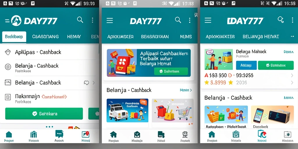 Tampilan antarmuka utama aplikasi DAY777 menampilkan berbagai opsi cashback.