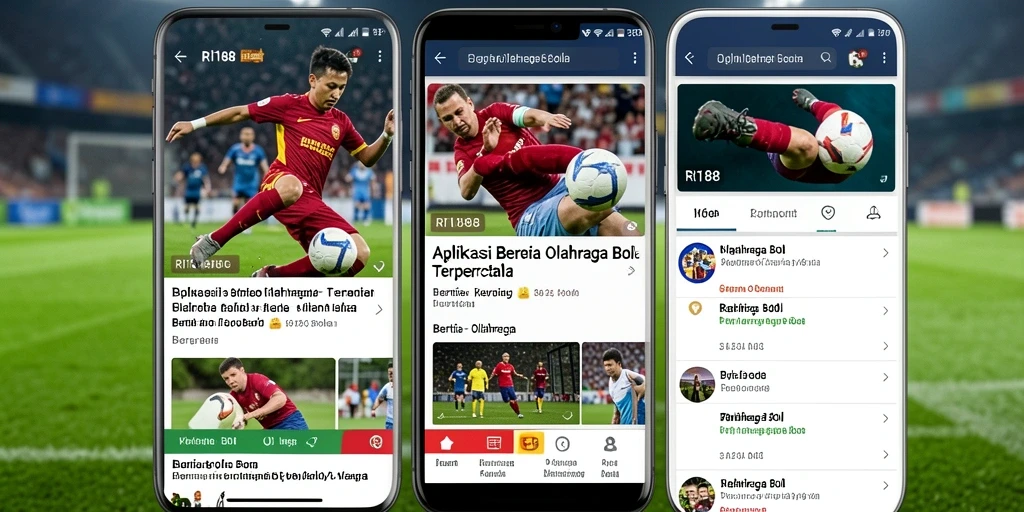 Tampilan antarmuka aplikasi RI188 dengan berita dan pertandingan terkini.